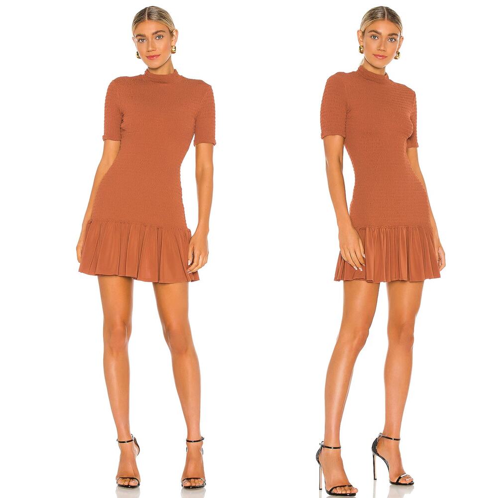A.L.C Aston Smocked Dress Deep Amber Mock Neck Stretch Size M